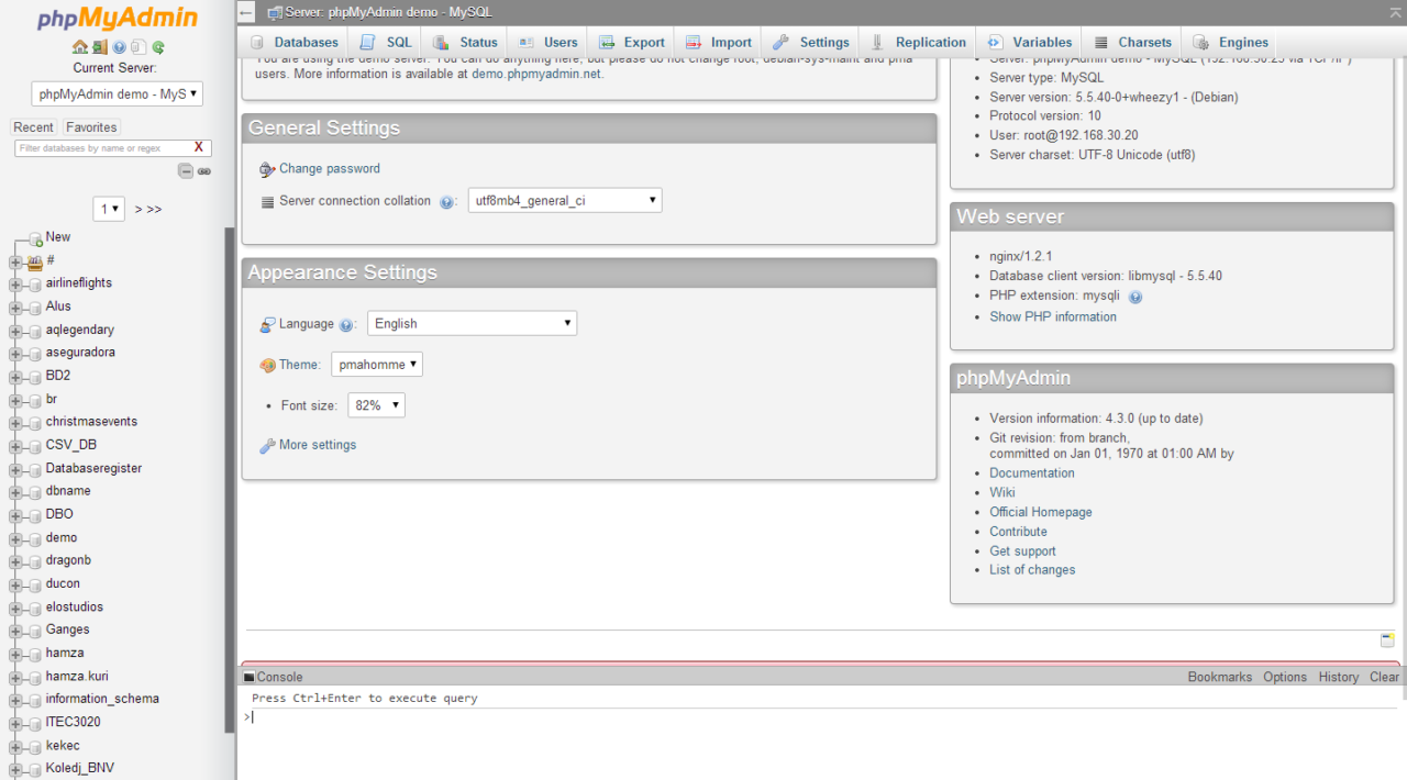 phpMyAdmin interface screenshot 1